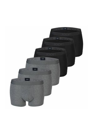 Drei Paar graue und drei Paar schwarze Herrenboxershorts mit gebrandeten Taillenbändern, angeordnet in zwei Reihen.