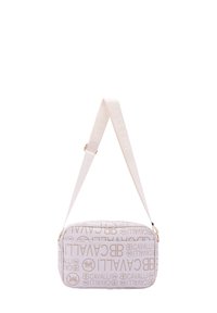Borsa a spalla rettangolare bianca con motivo logo testurizzato e una tracolla resistente con lunghezza regolabile. Accenti dorati sull'hardware.