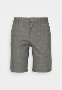 Grijze geruite shorts van geweven stof, met een knoopsluiting, riemlussen en een gladde textuur met ruitpatronen.
