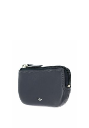 Petite pochette à monnaie en cuir bleu marine avec fermeture éclair argentée et petit logo argenté à l'avant.