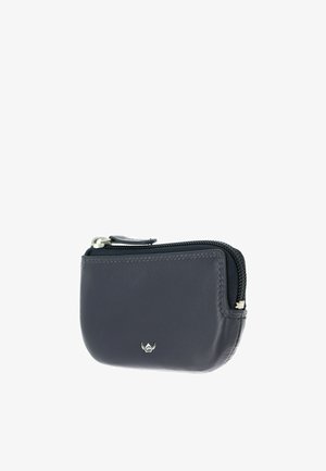 Petite pochette à monnaie en cuir bleu marine avec fermeture éclair argentée et petit logo argenté à l'avant.