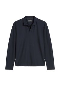 Granatowa koszula polo z długim rękawem z bawełny, z klasycznym kołnierzykiem i luźnym krojem. Brak widocznych wzorów lub akcentów.