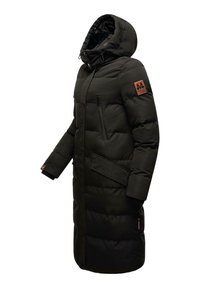 Black, padded long coat with a hood, featuring a zip front, side pockets, elastic cuffs, and a logo patch on the sleeve.