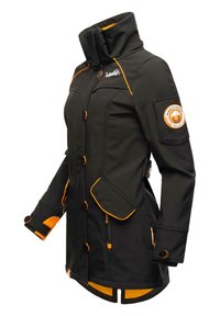 Black softshell jacket featuring orange accents, a high collar, multiple buttons, patch pocket, and a logo on the left arm.