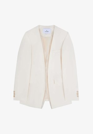 Crème-kleurig blazer van gladde stof, met een enkele knoopsluiting, notch revers, twee voorzakken en manchetten met vier knopen.