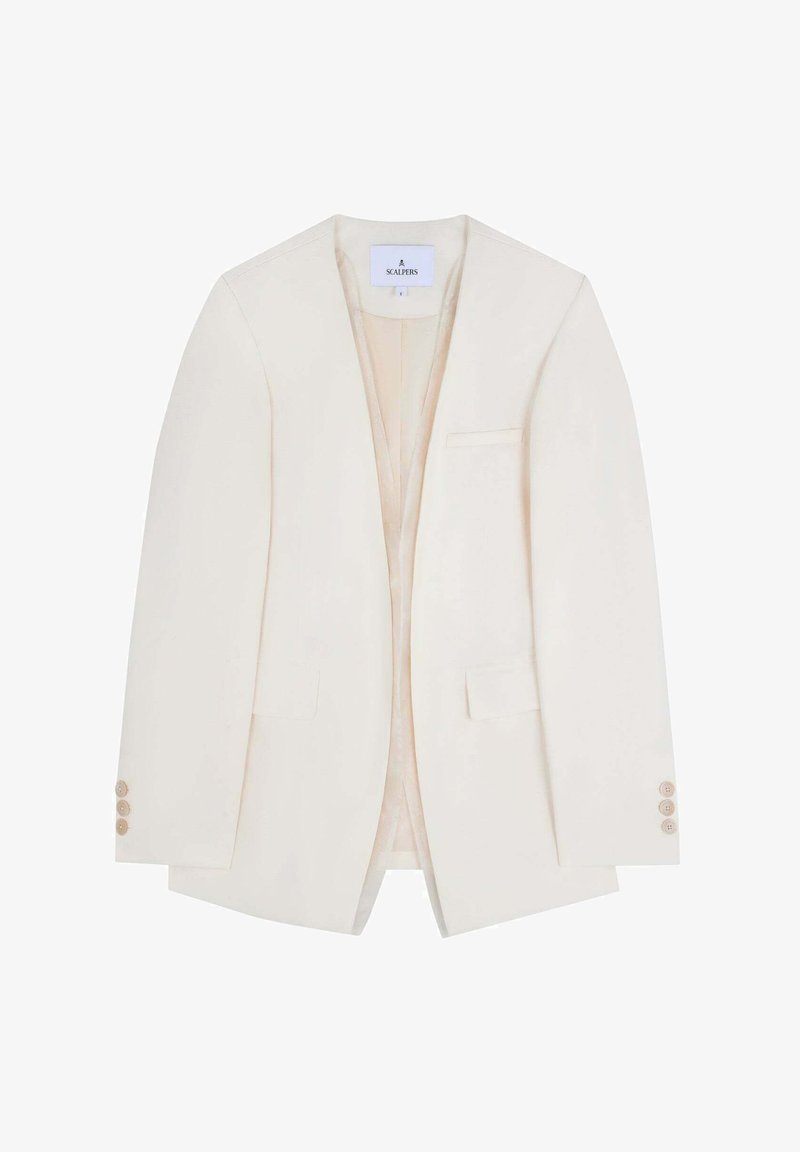 Cream-colored blazer made of smooth fabric, featuring a single-button closure, notch lapels, two front pockets, and four-button cuffs.