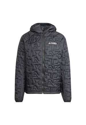 Black insulated jacket with a hood, featuring a quilted texture, full zipper, and a logo on the chest. Slim fit and lightweight design.
