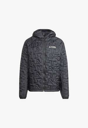 Zwarte geïsoleerde jas met een capuchon, voorzien van een doorgestikt patroon, volledige rits en een logo op de borst. Slim fit en lichtgewicht ontwerp.