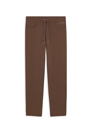 Pantaloni della tuta marroni realizzati in morbido tessuto, con una vita elasticizzata e regolabile tramite lacci, due tasche frontali e un piccolo logo decorativo.