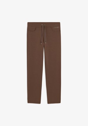 Pantalons de survêtement marron en tissus doux, dotés d'une taille élastique avec cordons de serrage, de deux poches avant et d'un petit logo en accent.