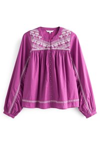 Lilla bomuldsbluse med lange pufærmer, knaplukning og broderede detaljer på bodice og ærmer. Har en samlet design.