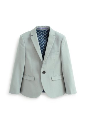 Blazer gris clair à un bouton avec revers crantés, deux poches avant à rabat, poche poitrine et doublure intérieure bleue à motif.