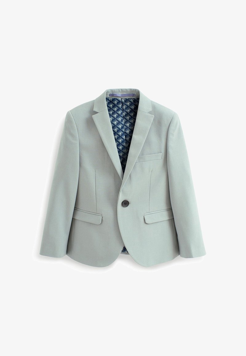 Blazer gris clair à un bouton avec revers crantés, deux poches avant à rabat, poche poitrine et doublure intérieure bleue à motif.
