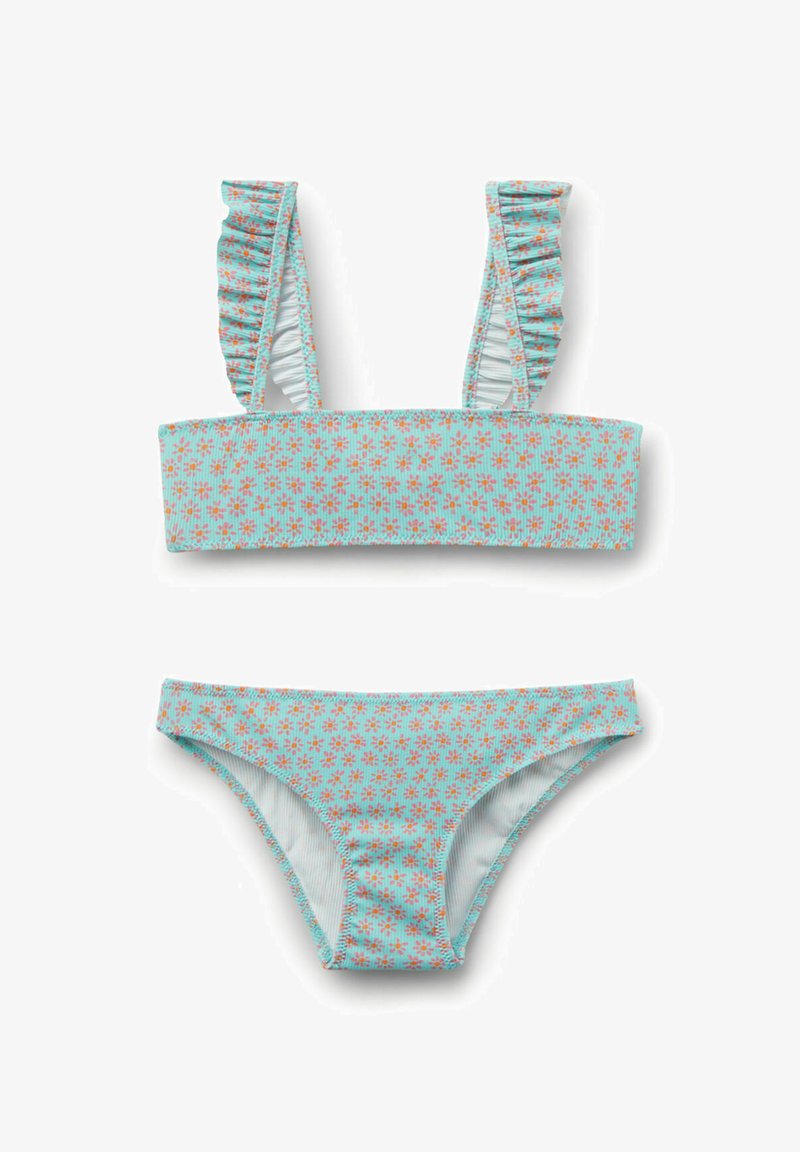 Bikini deux-pièces bleu clair avec petit motif floral orange et rouge, bretelles volantées sur le haut, et coupe classique en bas.