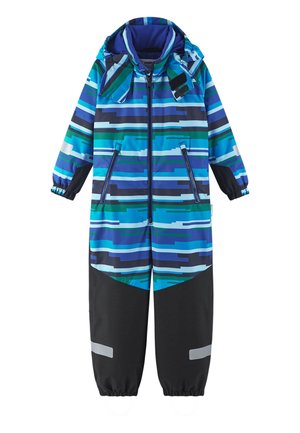 Blauer und grüner gestreifter wasserdichter Overall mit Kapuze, Reißverschluss vorne, elastischen Bündchen und schwarzen Akzenten, versehen mit reflektierenden Streifen für bessere Sichtbarkeit.