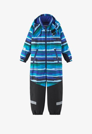 Blå og grønn stripete vanntett overall med hette, glidelås foran, elastiske mansjetter og sorte detaljer, med reflekterende stropper for synlighet.