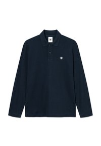 Tumši zils polo krekls ar garām piedurknēm, izgatavots no kokvilnas maisījuma auduma, ar pogājamu apkakli, smalku faktūras rakstu un mazu logotipu krūtīs.