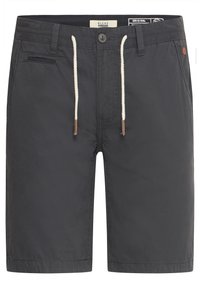 Shorts gris foncé en tissu léger, dotés d'une taille élastiquée avec cordon de serrage, de poches avant et de coutures contrastantes.