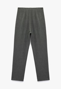 Gray, straight-leg pants made from a textured fabric, featuring a high waistband with no visible hardware or pockets.