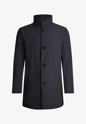 Cappotto da uomo nero con bottoni, collo alto e tasche laterali, maniche lunghe e taglio dritto.