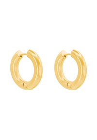 Boucles d'oreilles en or en forme d'anneau avec une surface lisse et réfléchissante, présentant une forme arrondie, dotées d'une fermeture à charnière et d'une finition polie.