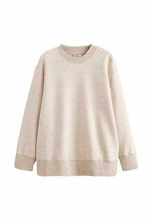 Pull beige moucheté à col rond, manches longues, poignets et ourlet côtelés, présenté sur fond blanc.