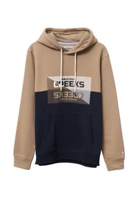 Sweatshirt con cappuccio in beige e blu navy, caratterizzato da una stampa grafica e tasca a marsupio frontale. Realizzato in morbido cotone misto con polsini a coste.