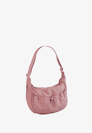 Pink nylon shoulder bag with a gathered design, adjustable strap, and a pull-tie closure. Features a front pocket and brand label.