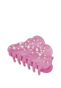 Rosa plastiksats i form av ett moln, dekorerad med vita pärlor och gyllene prickar, med flera gripande tänder för ett säkert grepp.
