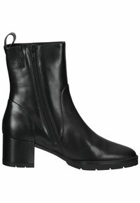 Bottette en cuir noir avec fermeture éclair latérale, talon bas épais, bout rond et languette à l'arrière.