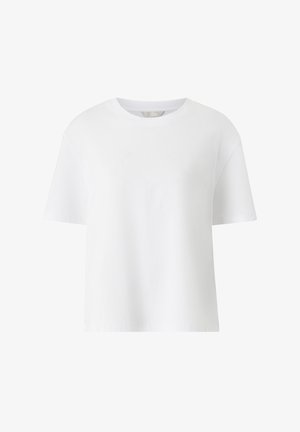 Bílý bavlněný tričko s krátkými rukávy, kulatým výstřihem, volně střižené a hladké textury; bez vzorů nebo grafik.