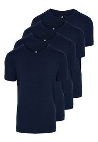 Mørkeblå bomulds t-shirts, kortærmede, rund hals, med en lille knapdetalje ved halsen, vist i en række.