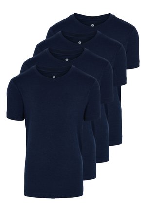 Mørkeblå bomulds t-shirts, kortærmede, rund hals, med en lille knapdetalje ved halsen, vist i en række.