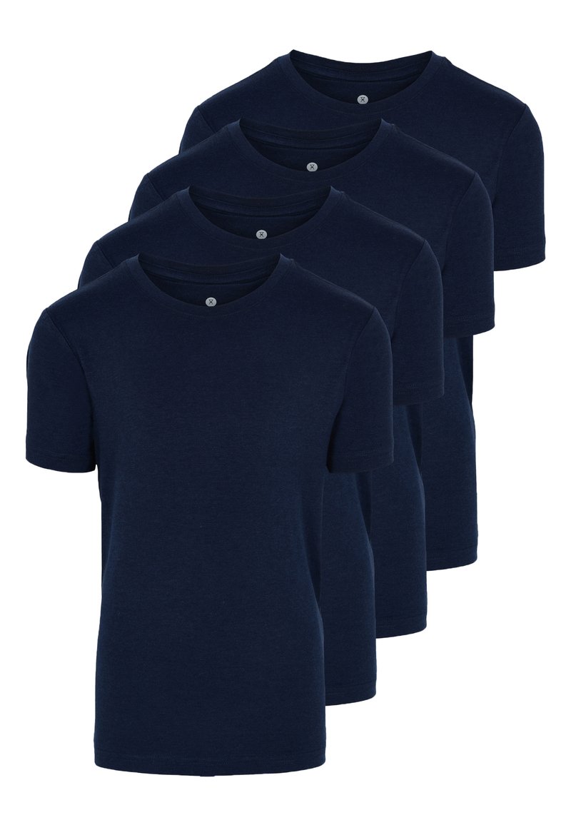Mørkeblå bomulds t-shirts, kortærmede, rund hals, med en lille knapdetalje ved halsen, vist i en række.