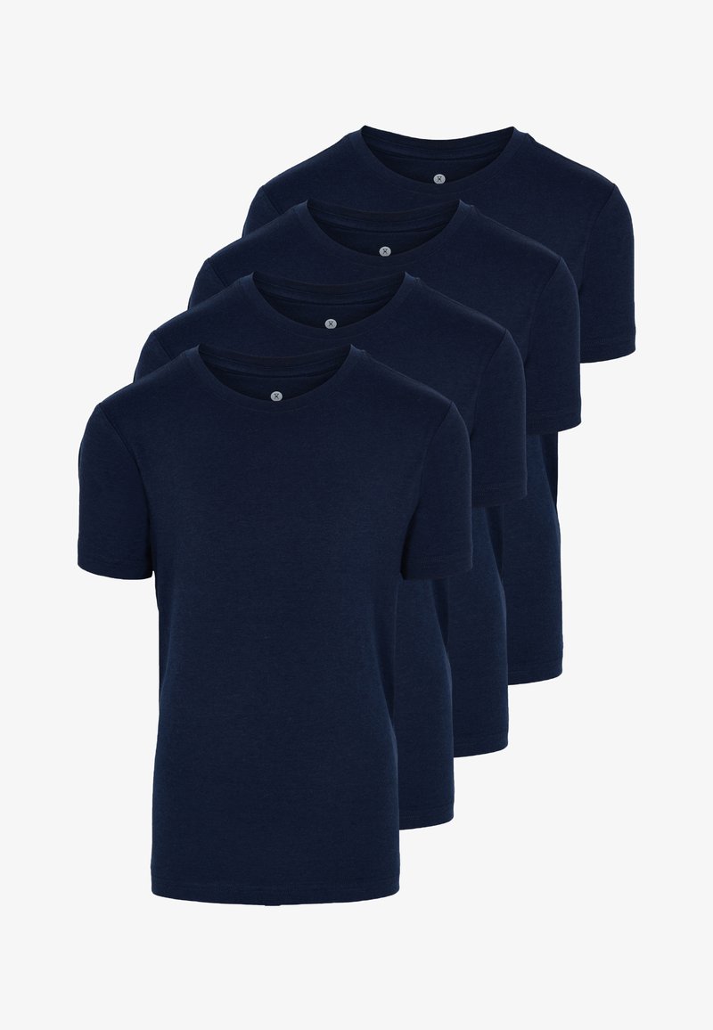 Navy blue cotton t-shirts, short sleeves, crew neck, featuring a small button detail at the neckline, displayed in a row.