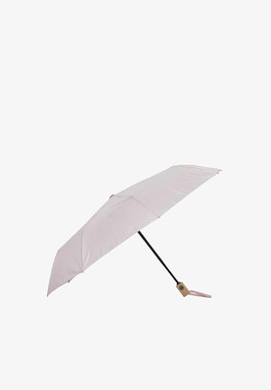 Kompaktowy, jasnoróżowy parasol składany z czarnym trzonkiem i drewnianą rączką, z przymocowanym paskiem na nadgarstek.