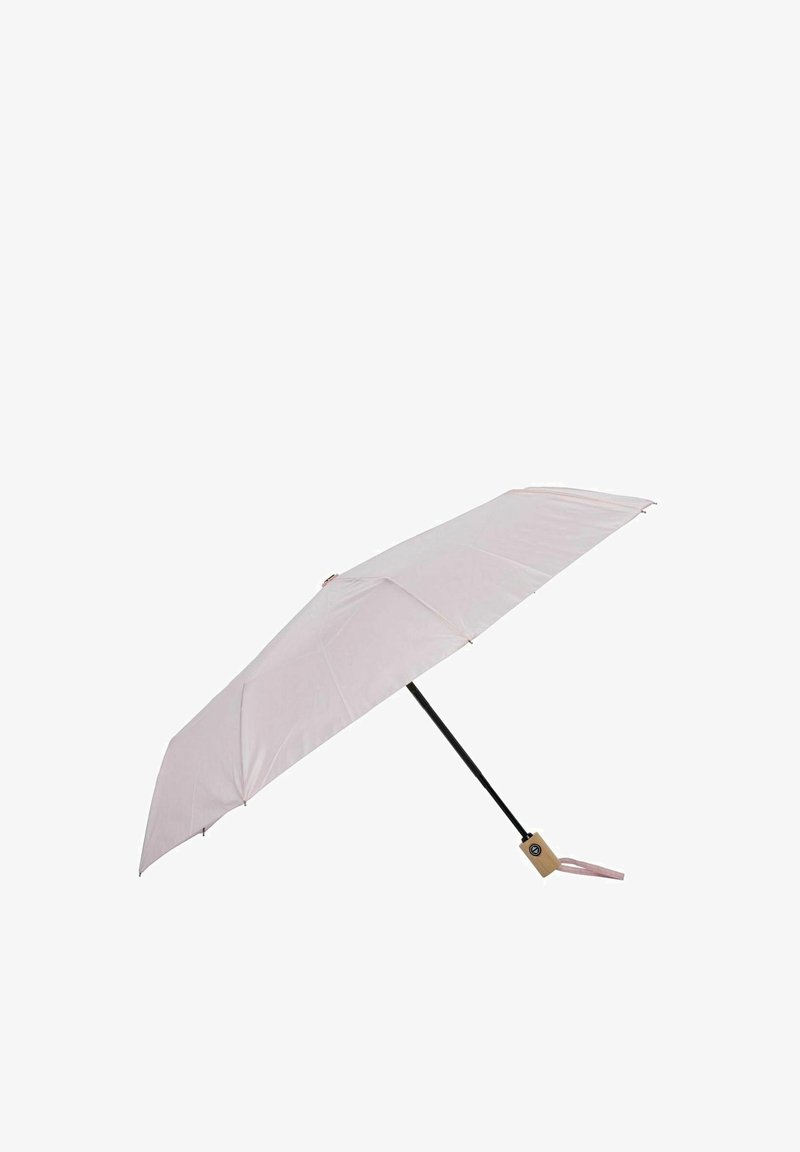 Kompaktowy, jasnoróżowy parasol składany z czarnym trzonkiem i drewnianą rączką, z przymocowanym paskiem na nadgarstek.