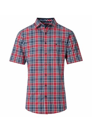 Heren overhemd met korte mouwen, knoopsluiting, rood, donkerblauw en wit geruit patroon en een enkele borstzak.