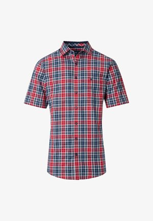 Herre kortærmet skjorte med knapper, med tern i rød, mørkeblå og hvid samt en enkelt brystlomme.