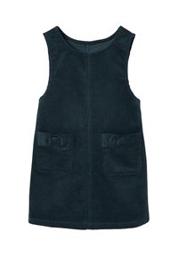 Dunkelgrünes Cordkleid mit ärmellosem Design, ausgestattet mit zwei Fronttaschen, die mit Schleifenakzenten verziert sind, und einem geraden Saum.