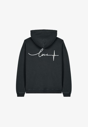 Zwarte hoodie met een verstelbare capuchon, voorzien van een witte cursieve tekst "love" en een grafiek van een hartslaglijn op de achterkant. Zachte stof.