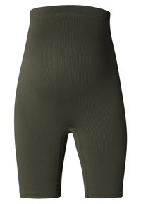 Oliven grønne ribbede cykelshorts med høj talje, der har en glat tekstur og et knælængde design, ideelle til lag-på-lag eller aktivt brug.