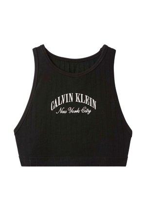 Top corto nero a coste con la scritta "Calvin Klein New York City" stampata in bianco sul petto.