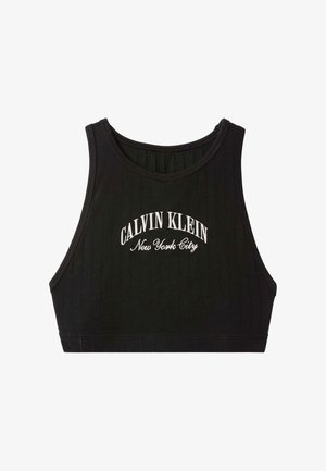 Zwart geribd cropped tanktop met witte opdruk "Calvin Klein New York City" over de borst.