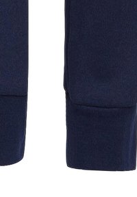 Tums zilas sporta bikses ar mīkstu tekstūru, elastīgu jostu un ribotām piedurknēm. Iekļauj šuvju detaļas sānos un ir brīvs piegriezums.