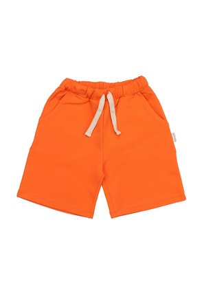 Helle orange Shorts mit einem elastischen Bund und Kordelzug. Verfügt über zwei Seitentaschen und eine glatte Baumwolltextur.