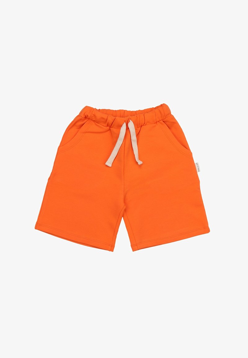 Bright orange shorts with an elastic waistband and drawstring. Features two side pockets and a smooth, cotton texture.