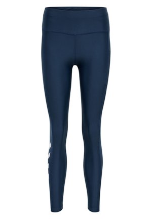 Navy blue leggings made of a smooth, stretchy material. They have a high waistband and a side pocket, featuring a geometric pattern on the leg.
