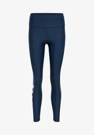 Navyblauwe leggings van een soepele, rekbare stof. Ze hebben een hoge tailleband en een zijzak, met een geometrisch patroon op het been.
