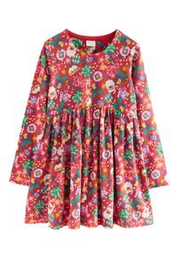 Robe en coton rouge à manches longues, avec une jupe plissée. Décorée de motifs colorés sur le thème de Noël, comme le Père Noël et des ornements.